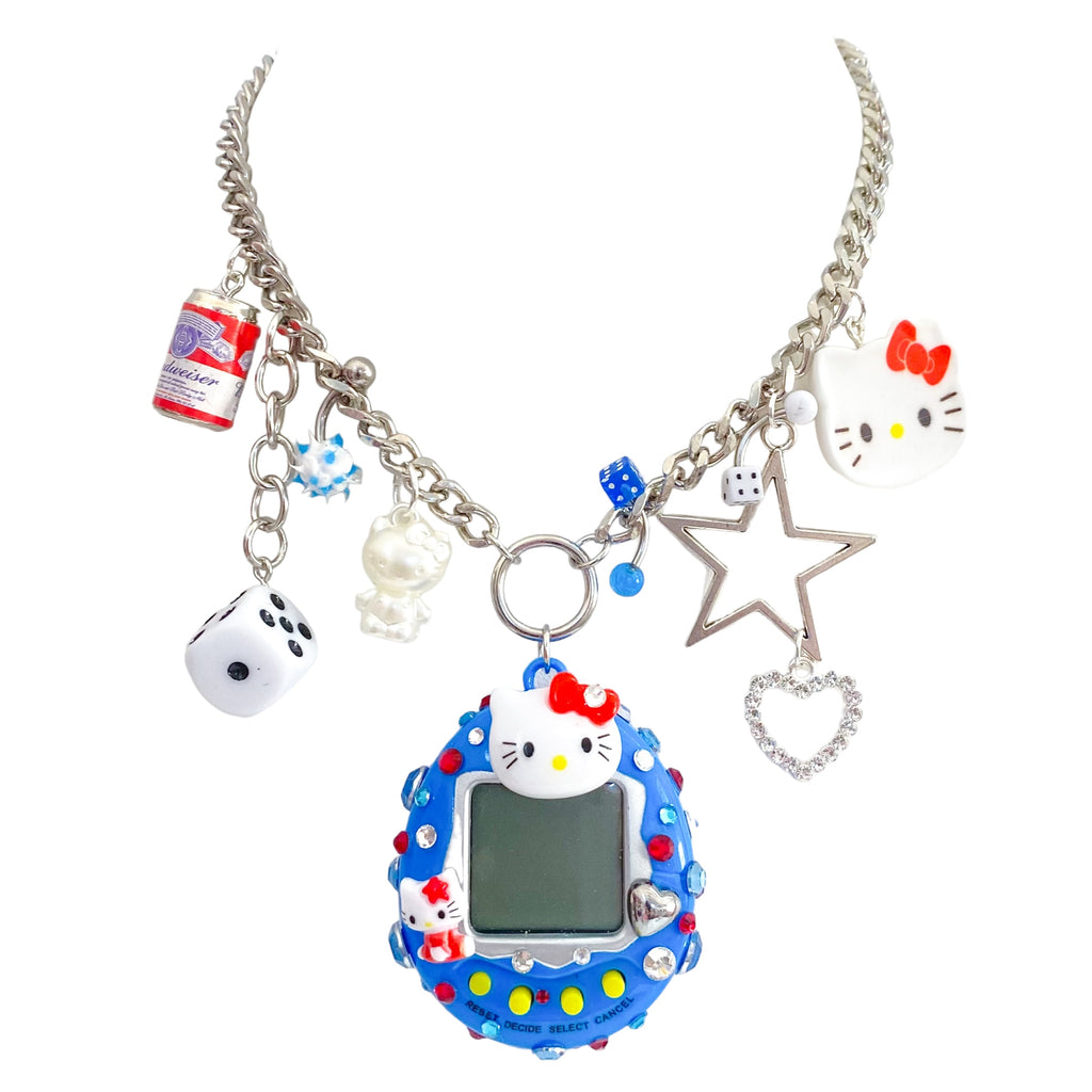 Bedazzled Tamagotchi Charm Necklace Laser Kitten