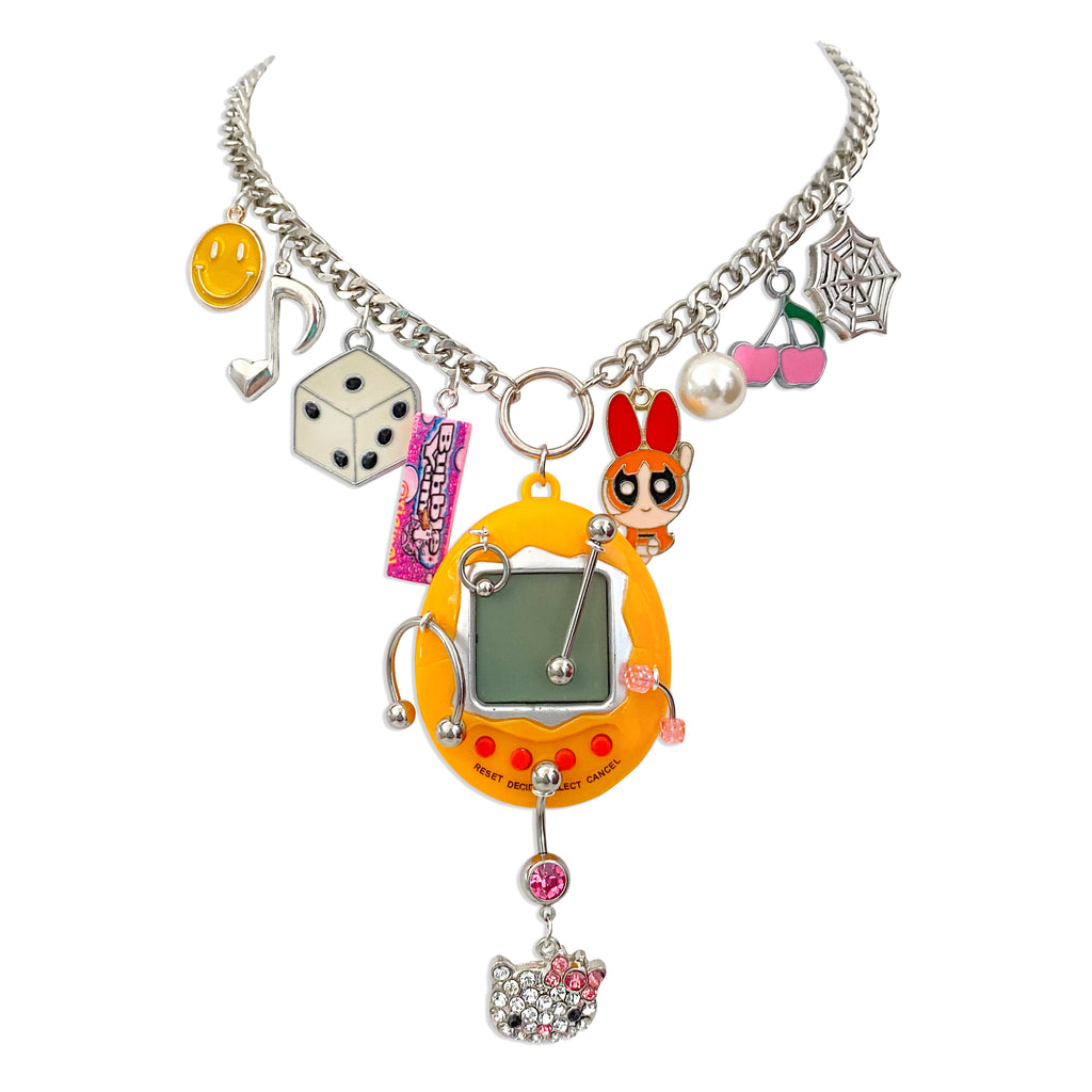 Bedazzled Tamagotchi Charm Necklace Laser Kitten