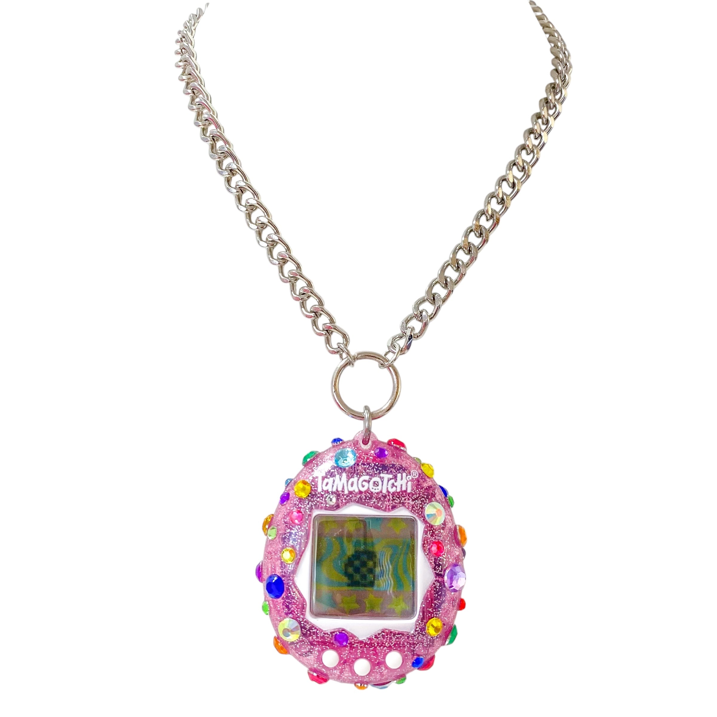 Bedazzled Tamagotchi Charm Necklace | Laser Kitten