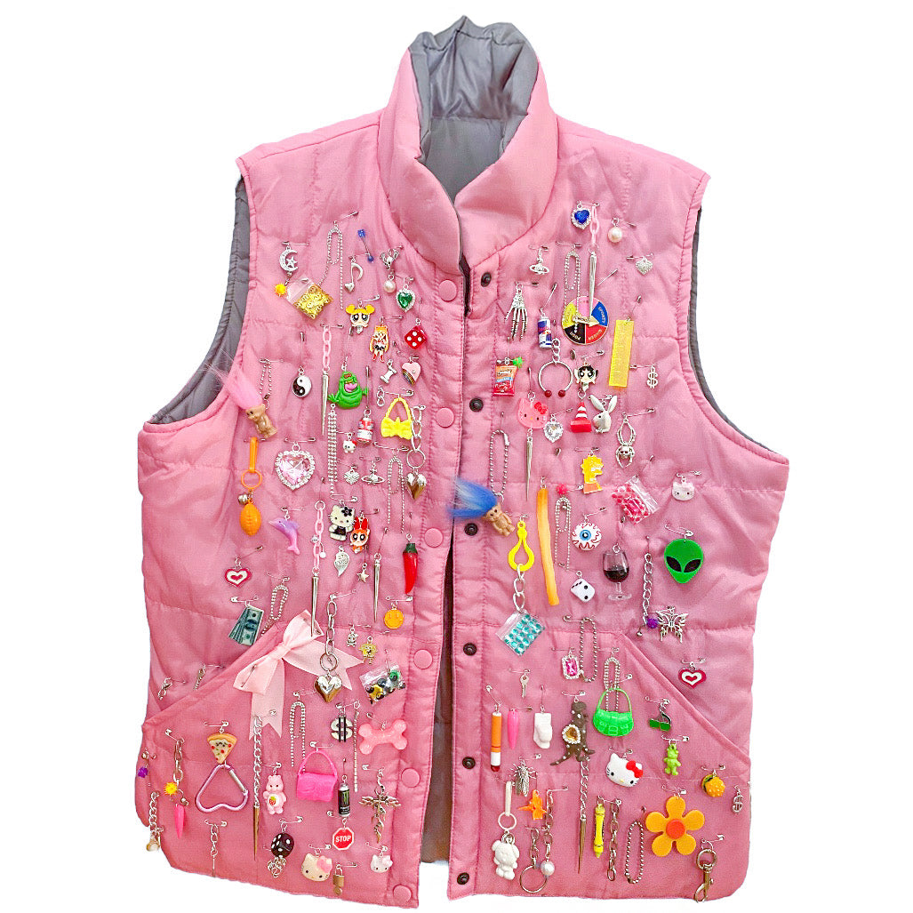 X-LARGE Fully Loaded Vintage Pink Puffer Charm Vest