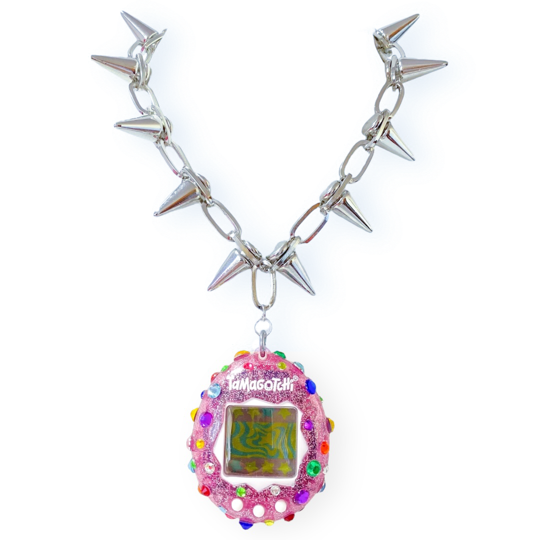 Spiked Bedazzled Tamagotchi Necklace