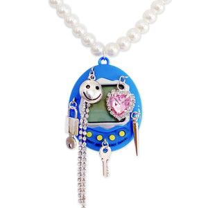 Blue Charmed Cyber Pet Pearl Necklace