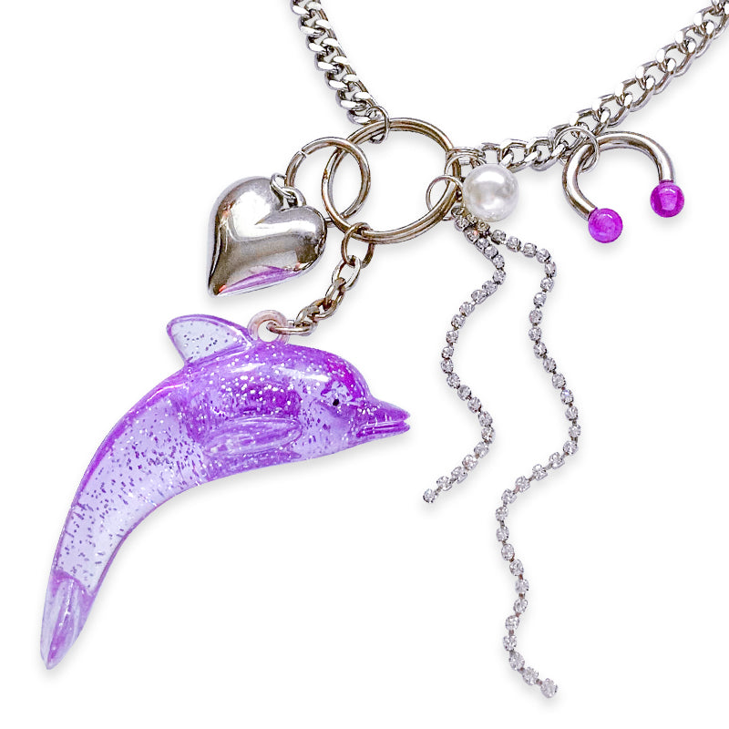 Purple Glitter Dolphin Vintage Remix Charm Necklace