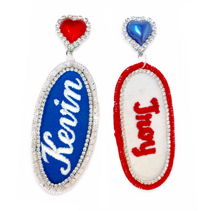 BEDAZZLED VINTAGE MECHANIC NAME PATCH EARRINGS (more names)