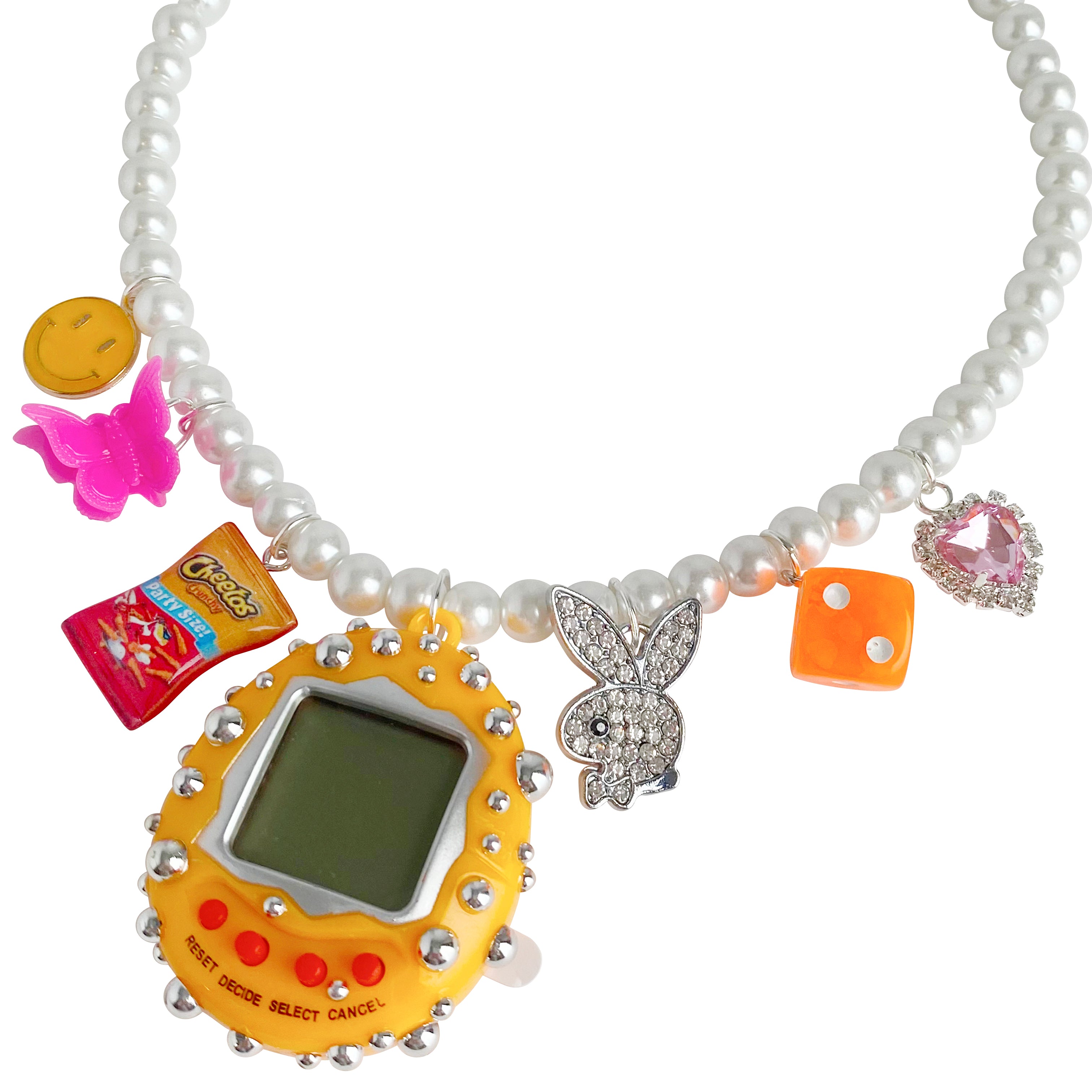 Laser Kitten Bedazzled Tamagotchi Charm Necklace