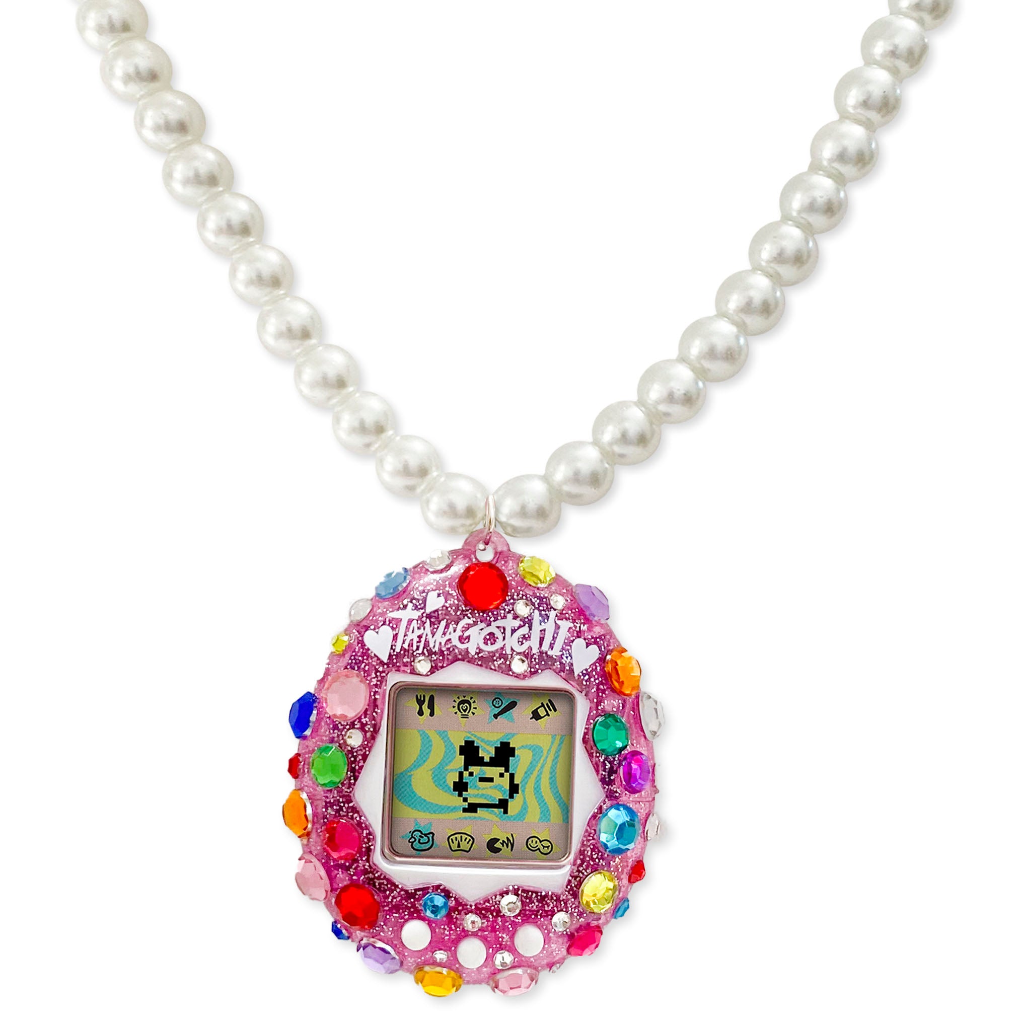 Bedazzled Pink Glitter Tamagotchi Necklace