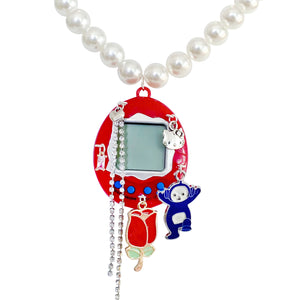 Red Charmed Cyber Pet Pearl Necklace