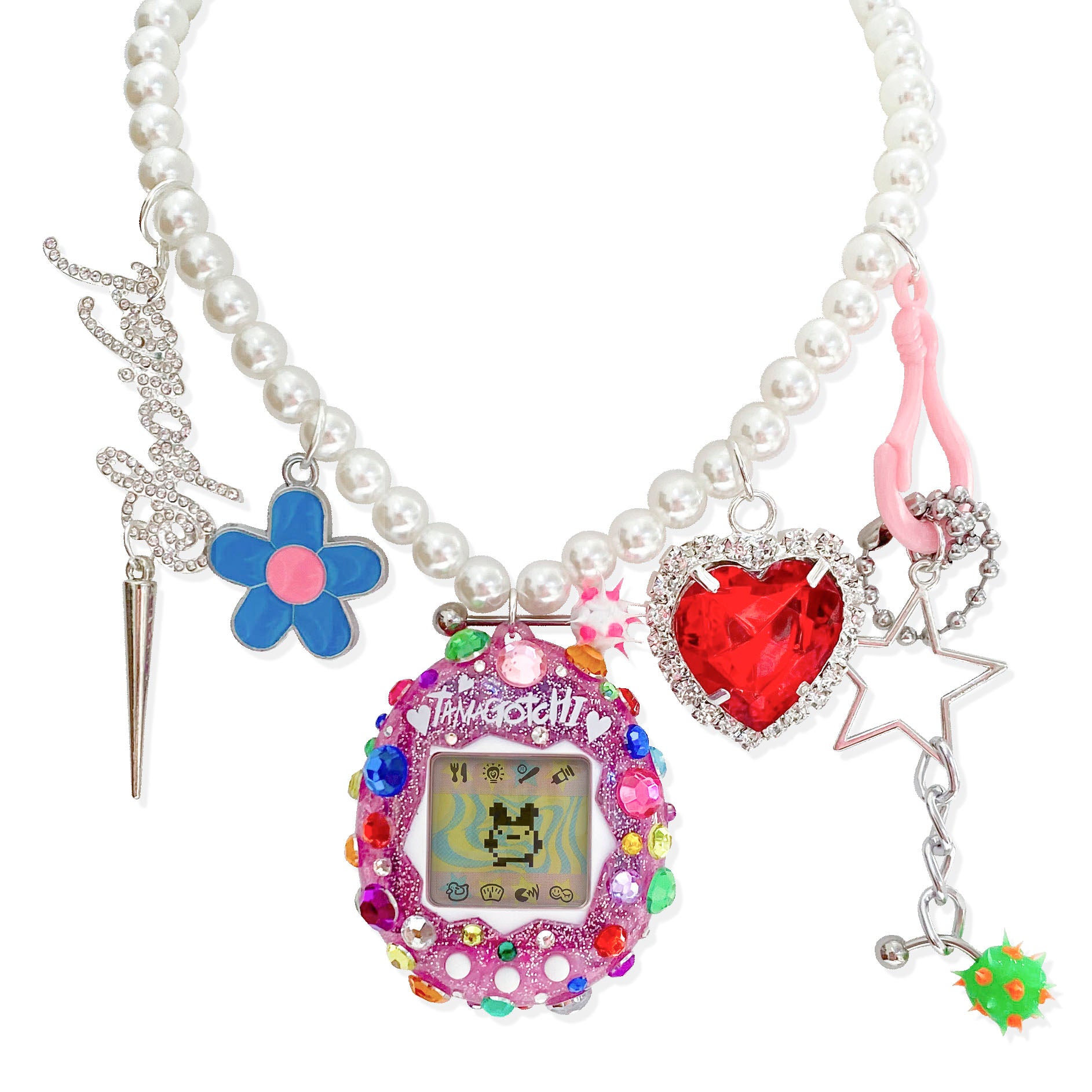 Bedazzled Pink Glitter Tamagotchi Charm  Necklace