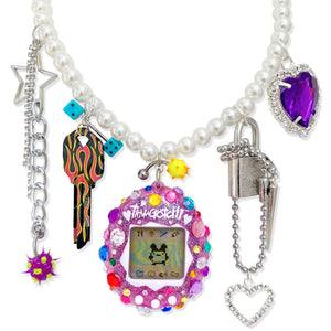 Bedazzled Pink Glitter Tamagotchi Charm Necklace