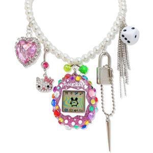 Bedazzled Pink Glitter Tamagotchi Charm Necklace
